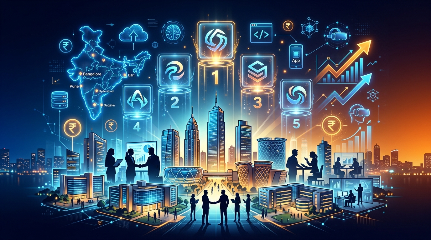 Best IT companies in India illustrated with Bangalore tech skyline, holographic company rankings, India map, and floating tech icons
