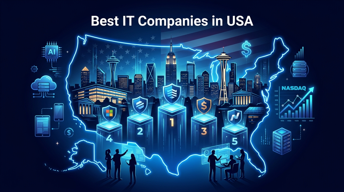 Best IT companies in USA illustrated with Silicon Valley skyline, holographic ranking podiums, USA map in neon, NASDAQ chart