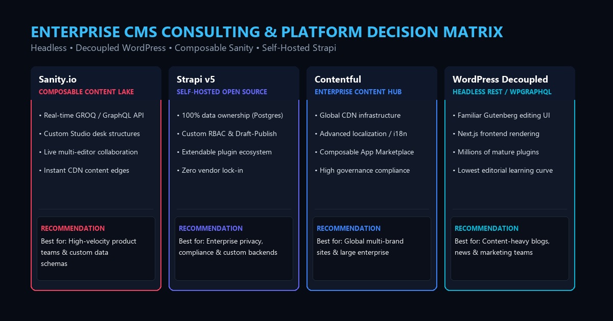 CMS consulting services showing platform comparison, migration, and governance services