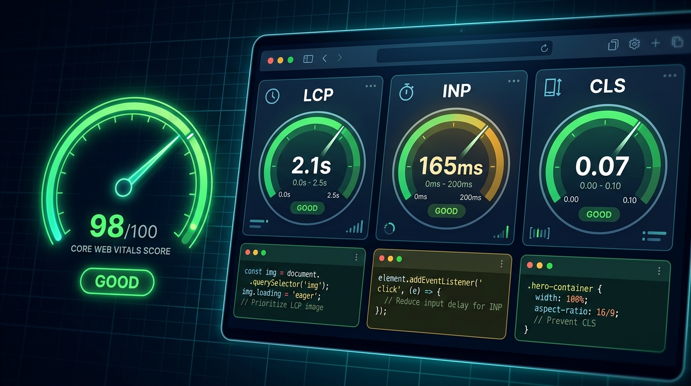 Core Web Vitals optimization guide showing LCP, INP, CLS metrics with code examples and targets