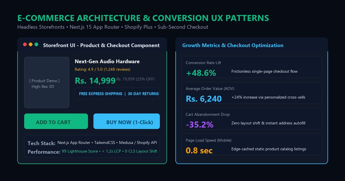 E-commerce development services showing platform options, conversion UX, and technical stack