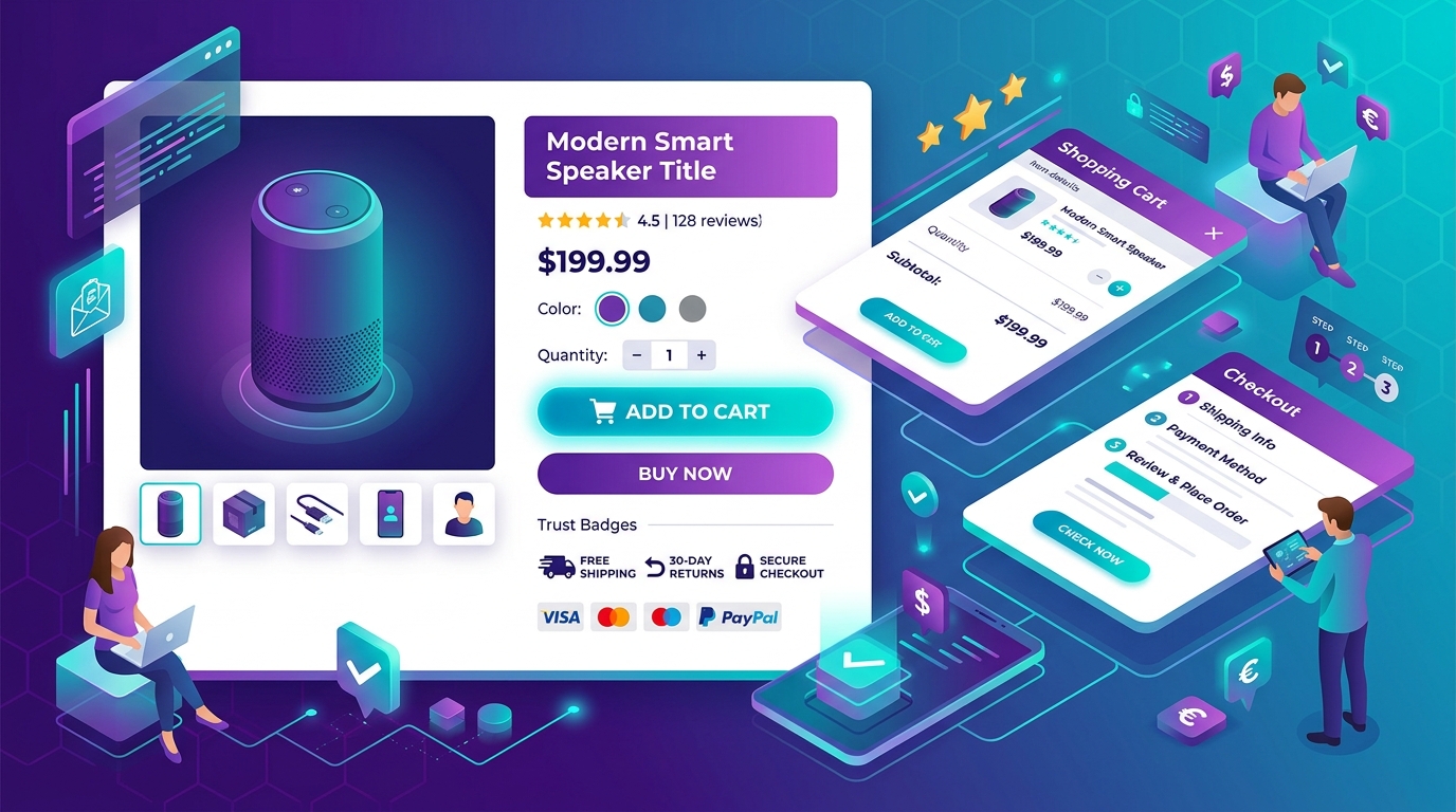 E-commerce product page UX patterns showing gallery, trust signals, urgency, and checkout flow