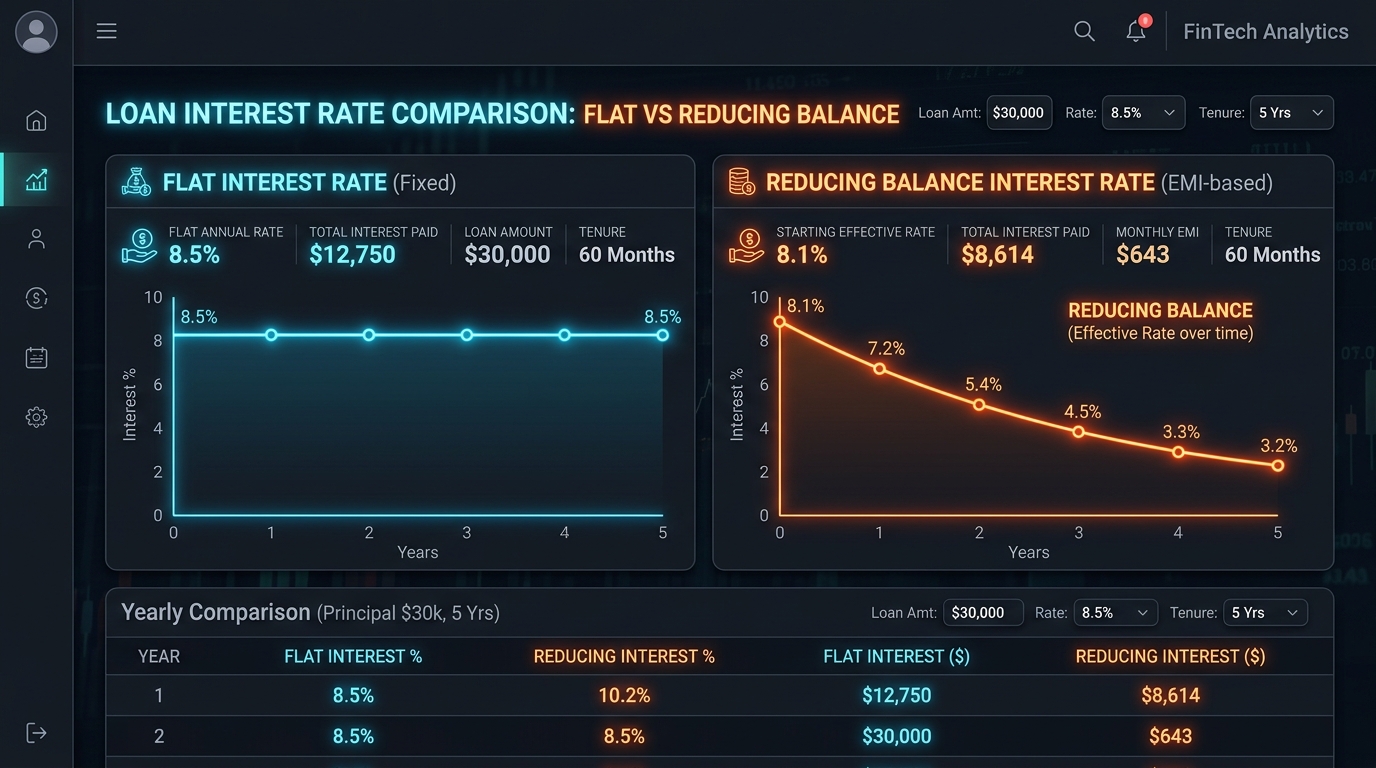 Sleek loan rate comparison UI displaying Flat Rate vs Reducing Balance Interest charts