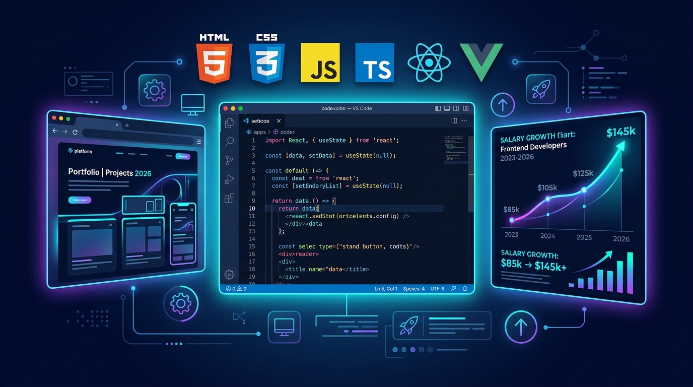 Frontend developer workspace showing responsive website versions for desktop, tablet and mobile connected by glowing breakpoint lines