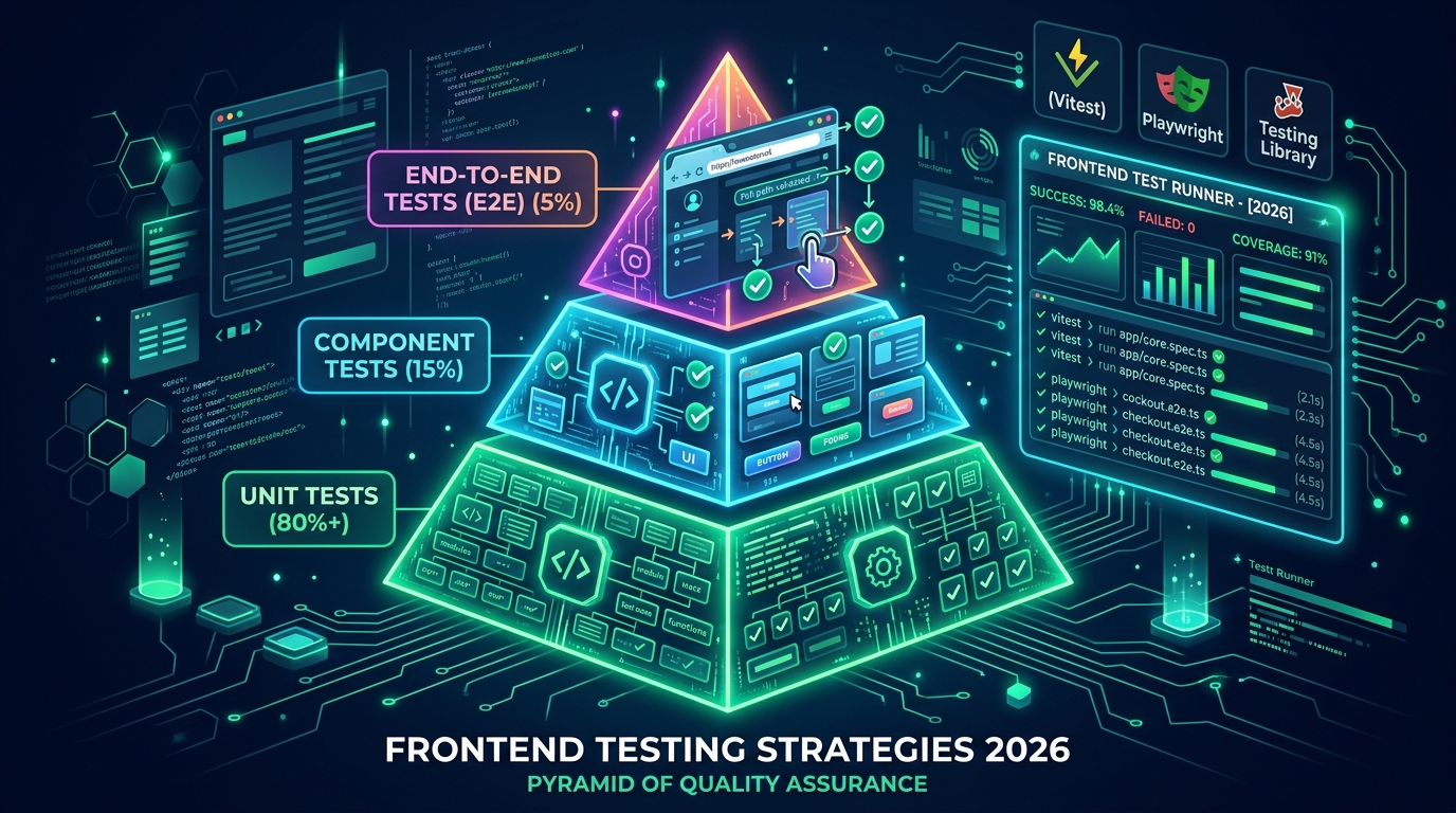 Frontend testing pyramid with Vitest unit tests, integration tests and Playwright E2E tests in a CI pipeline
