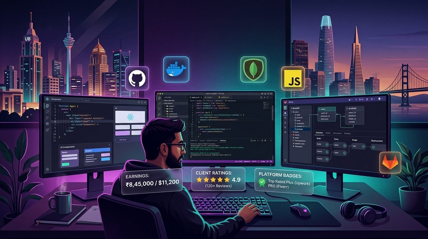 Full stack developer freelancer workspace with React, Node.js, and database screens, Bangalore and San Francisco skylines in background