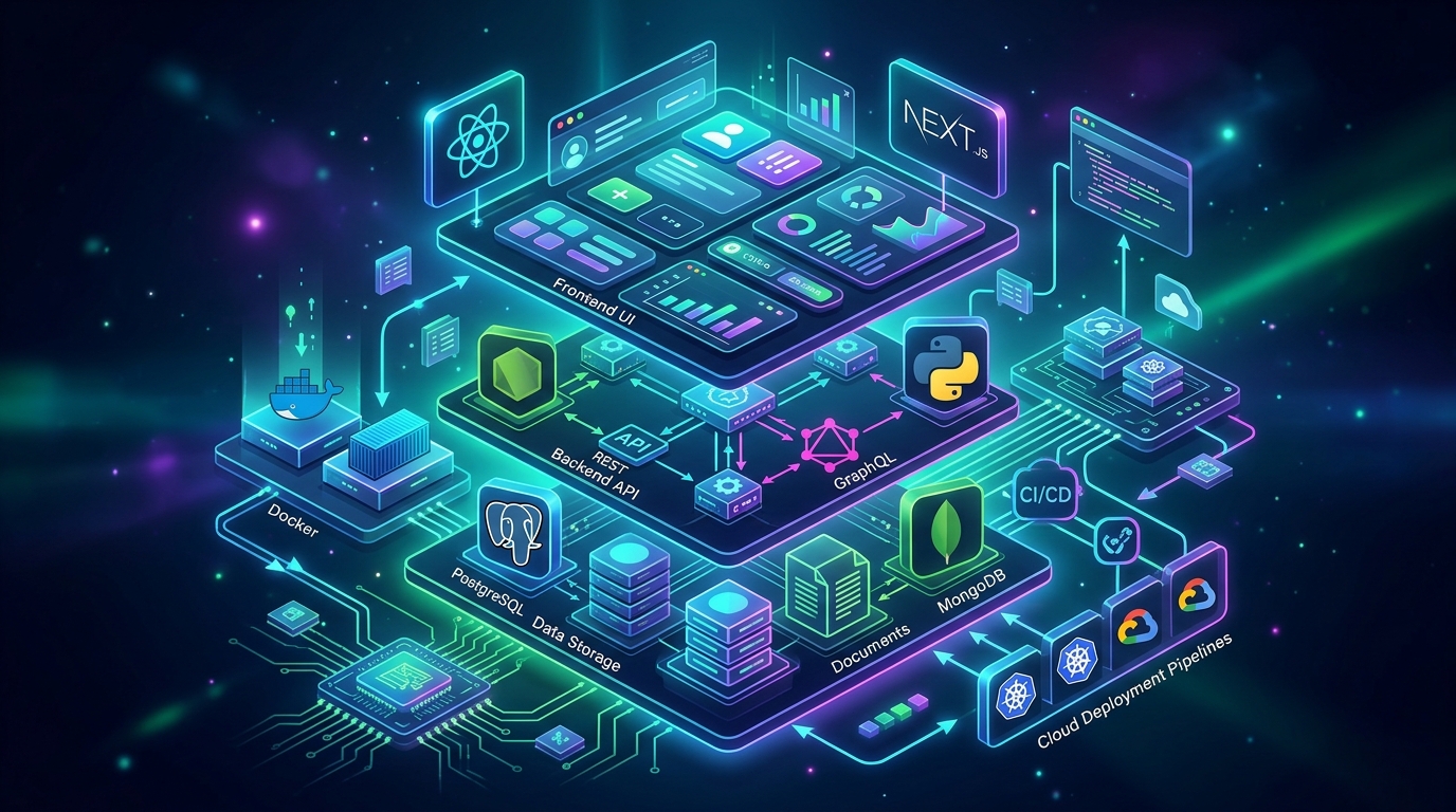 Isometric full stack diagram showing a web app interface on top, an API server layer in the middle and a database below connected by glowing data pipelines