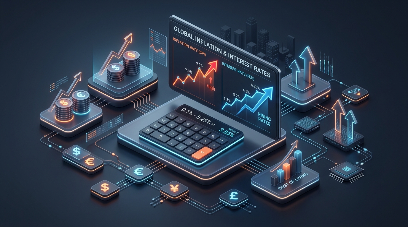3D isometric financial calculator dashboard showing inflation rate charts and purchasing power metrics