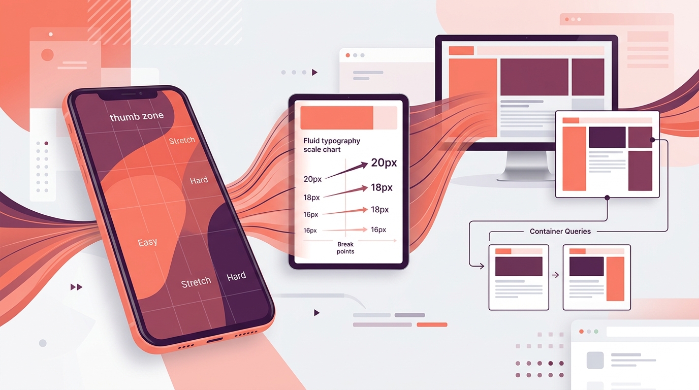 Mobile-first design strategy showing responsive breakpoints, thumb zones, and fluid typography system