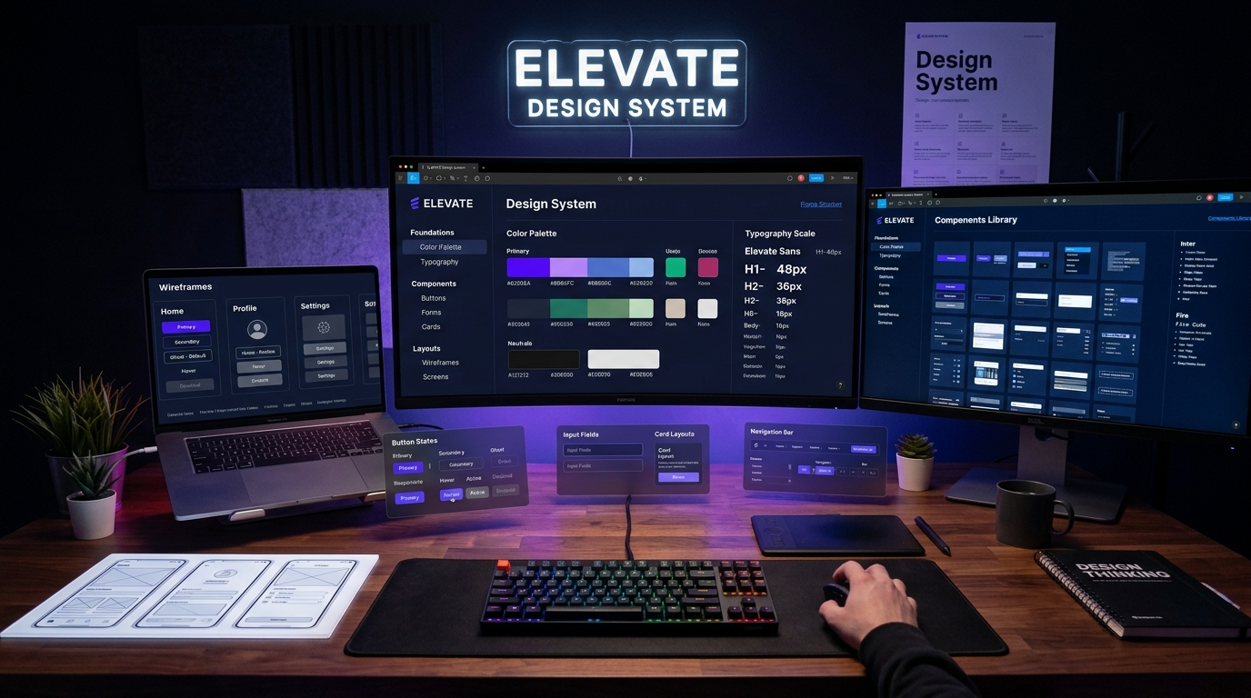 Modern UI/UX design workspace showing a design system, color palettes, typography scale, and responsive wireframes