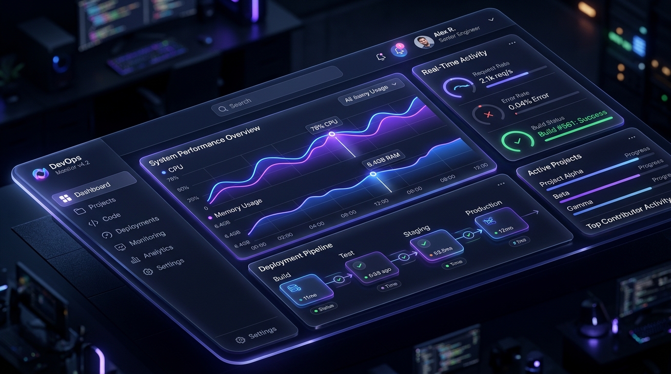 Modern web application dashboard UI with glowing dark mode interface and real-time analytics graphs