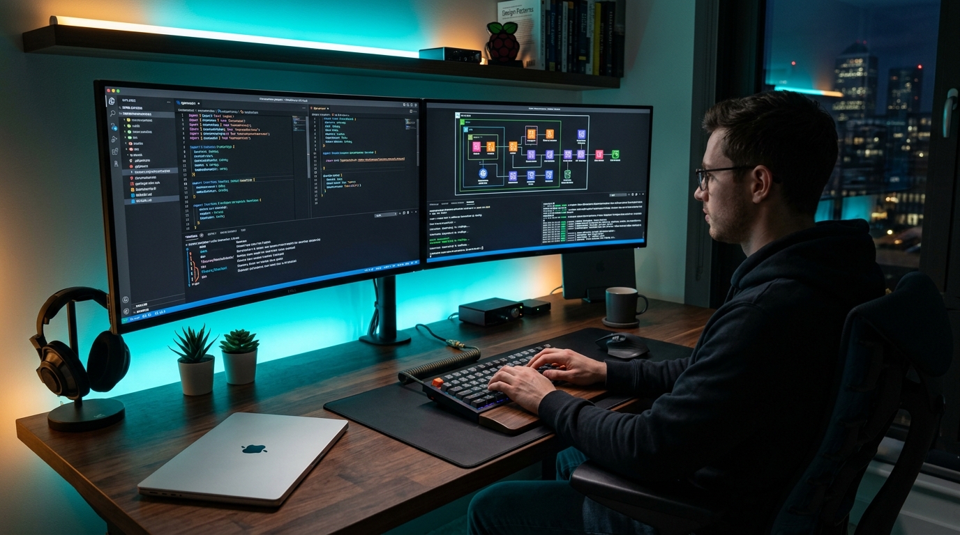 Modern web development developer setup with dual monitors showing TypeScript code, terminal builds, and cloud architecture