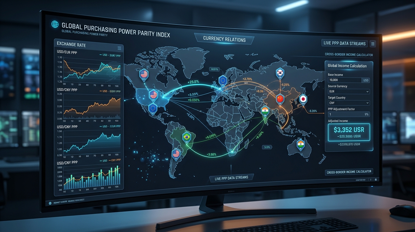 Global Purchasing Power Parity index world map dashboard with currency exchange rate pins
