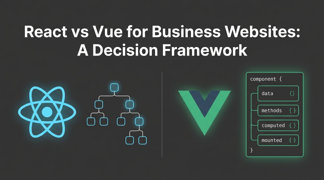 React vs Vue comparison framework with 6 decision questions and scoring matrix