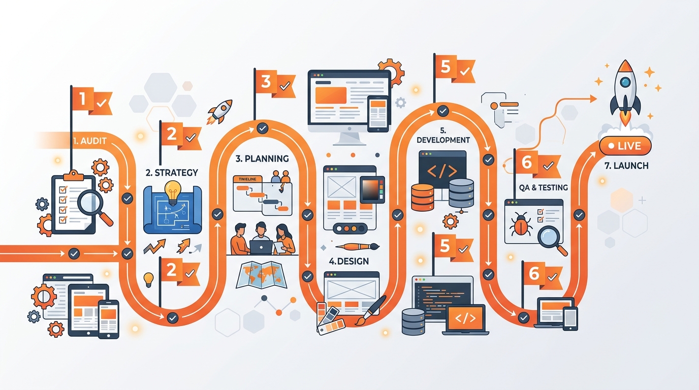 50-step website redesign checklist from audit through launch with phase gates