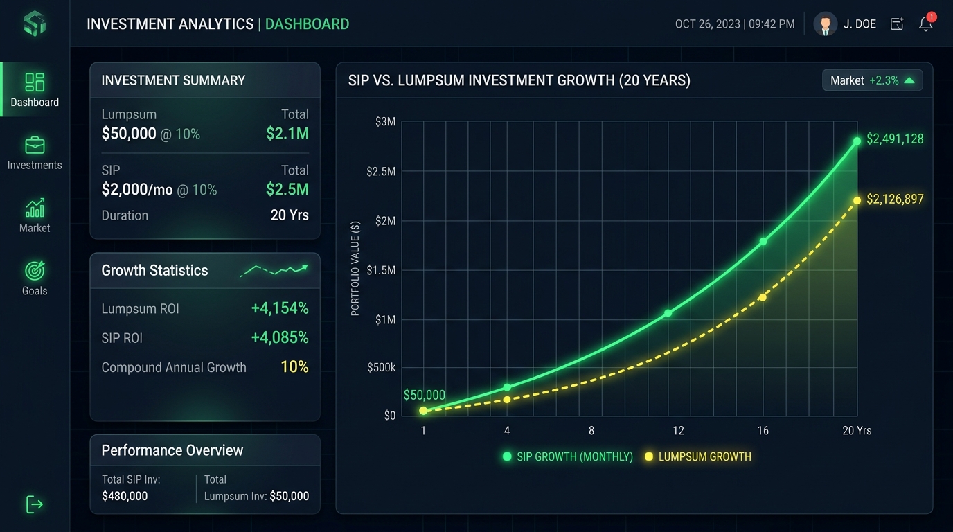 Investment analytics dashboard showing 20-year SIP vs Lumpsum compounding growth curves