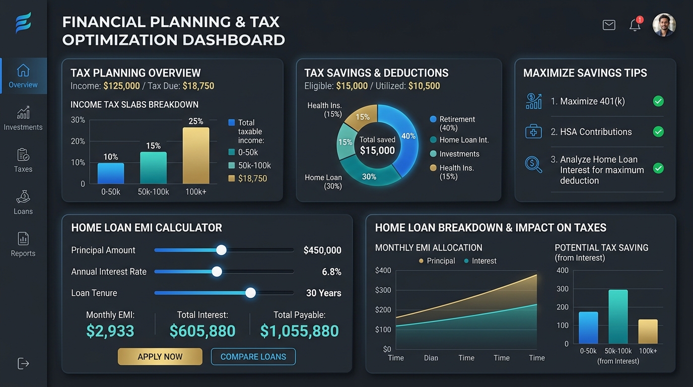 Tax planning dashboard showing income tax slabs breakdown and home loan EMI calculator