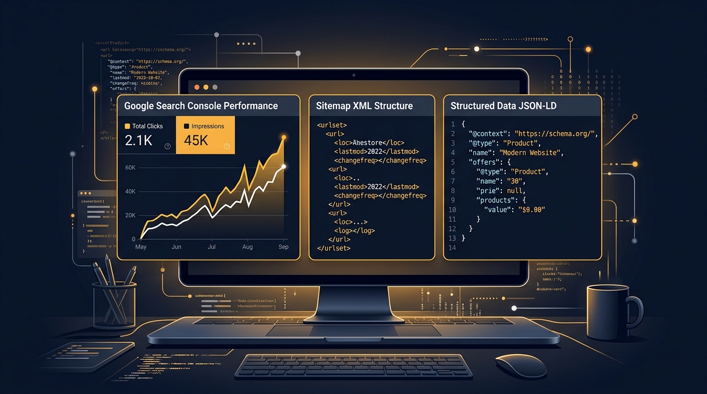 Technical SEO audit and Core Web Vitals dashboard on a developer's screen