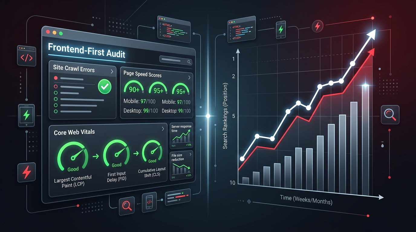 Technical SEO services showing audit, Core Web Vitals, structured data, and migration services