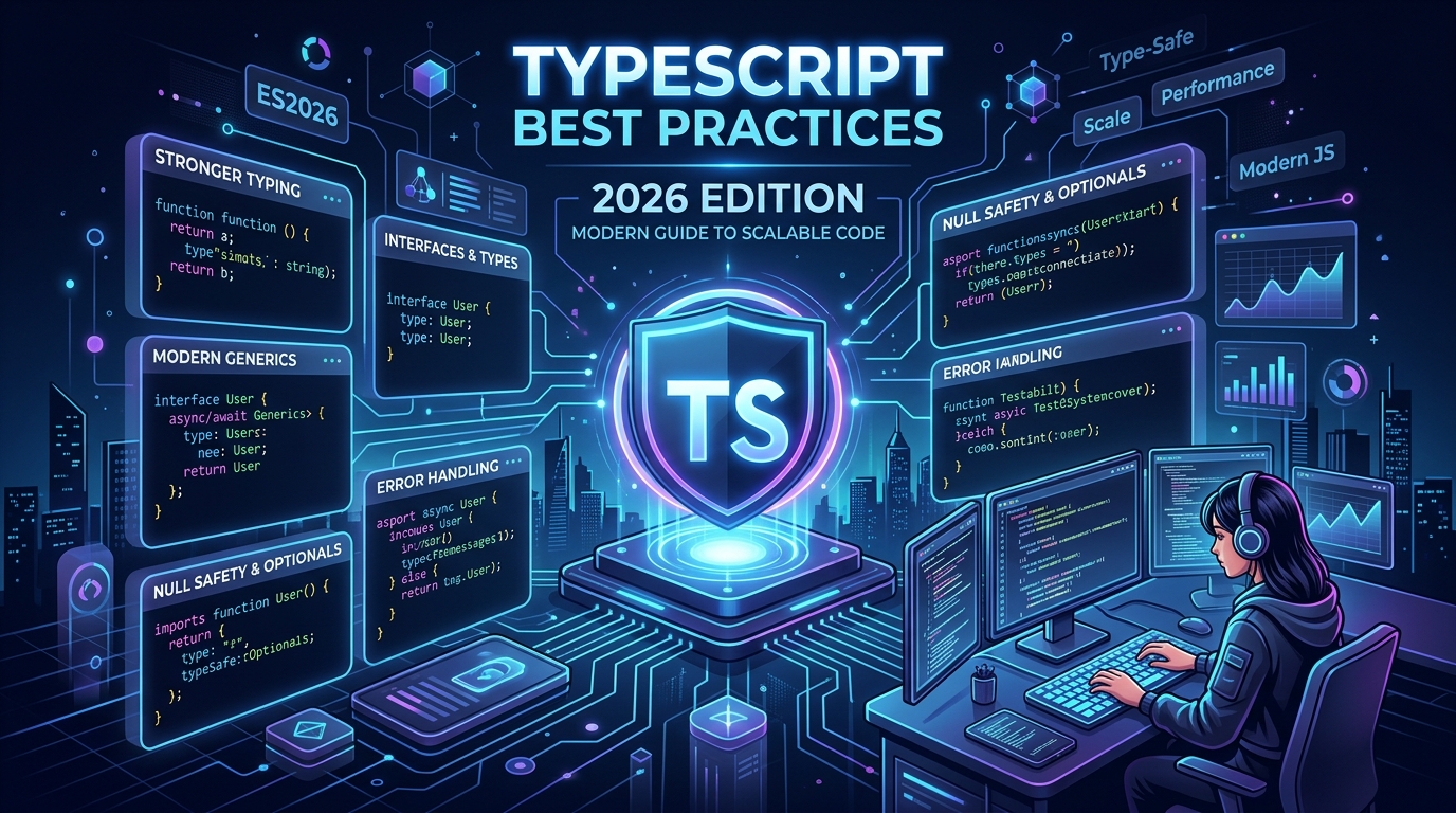 TypeScript best practices 2026 developer workspace with type annotations, strict mode config, and interfaces