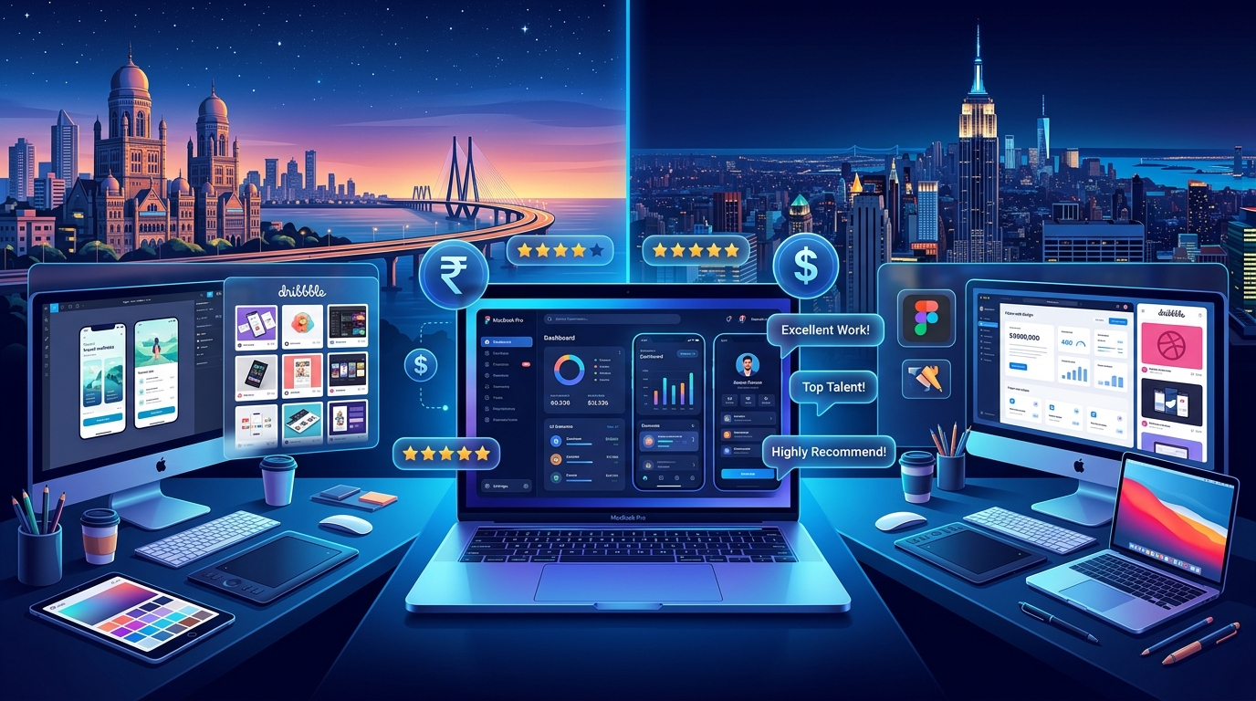 UI designer freelancer workspace with India and USA city skylines, Figma mockups, Dribbble portfolio, rupee and dollar symbols
