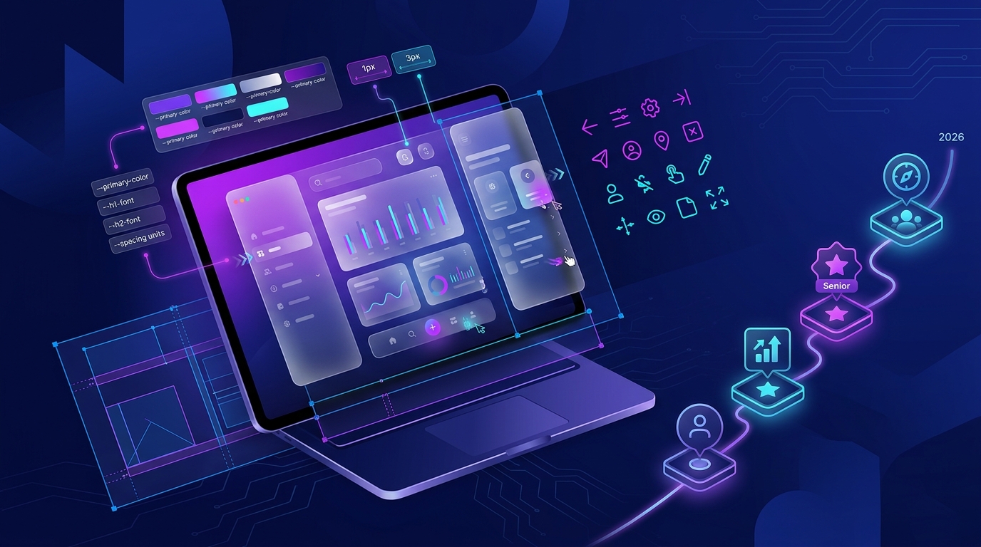 UI designer workspace showing wireframes transforming into a polished interface with colour palettes and typography samples