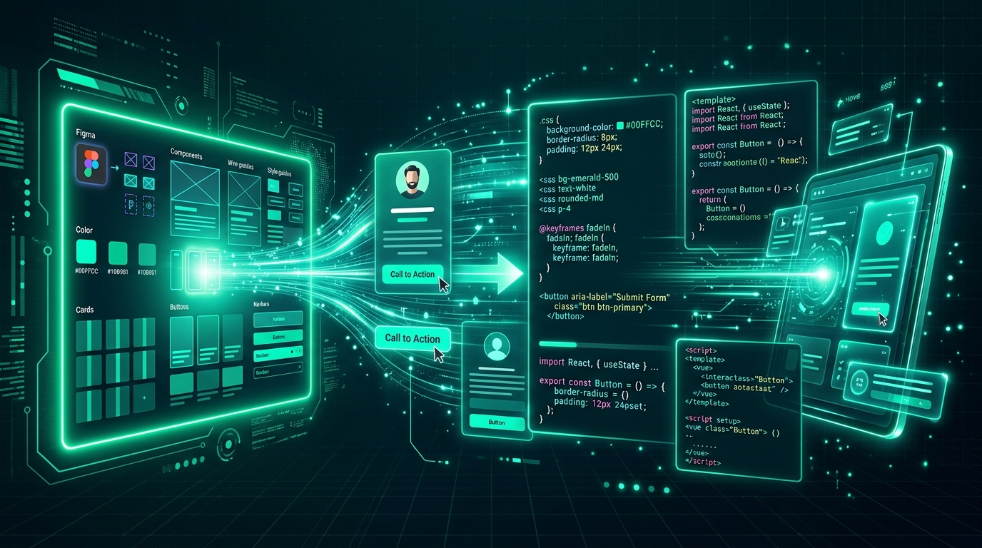 UI developer workspace showing a browser interface split between visual design mockup and clean HTML CSS code