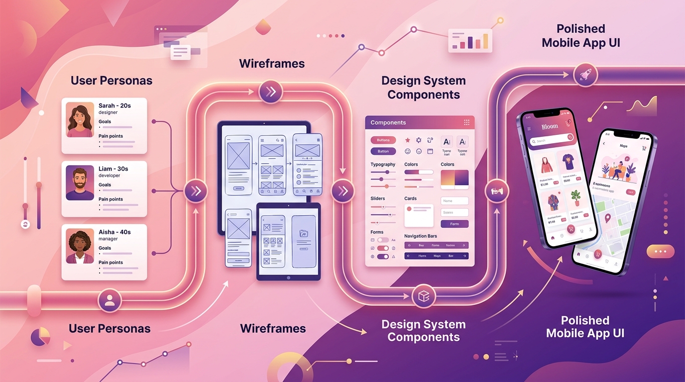 UI/UX design services overview showing process from strategy to launch with design system integration