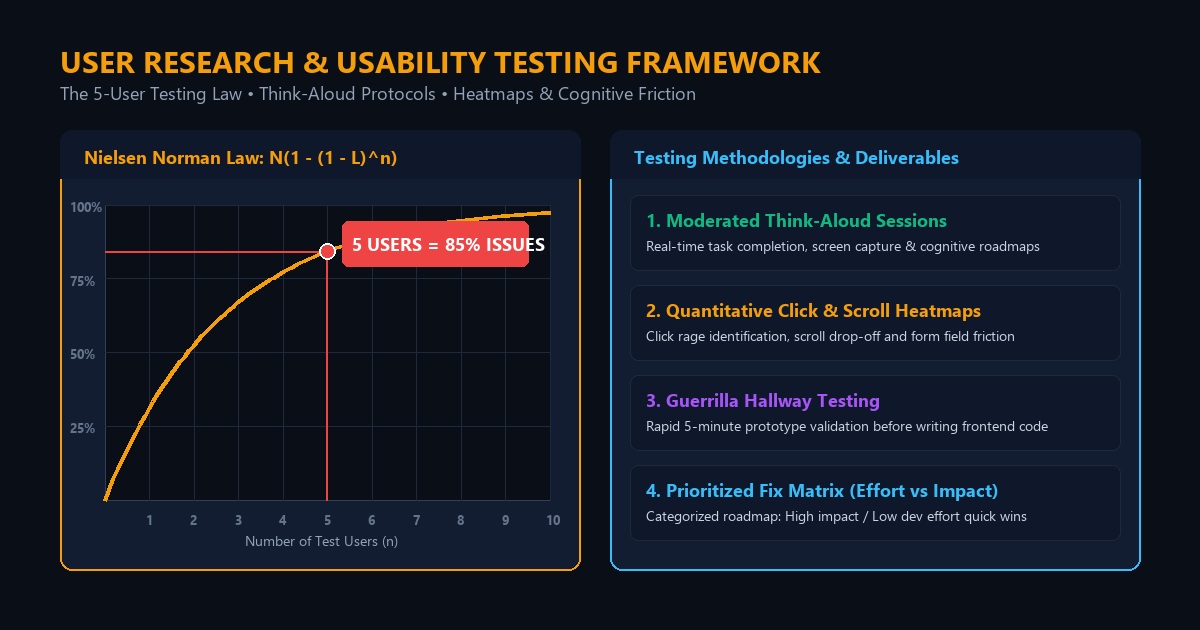 User research guide showing testing methods, 5-user rule, templates, and analysis framework