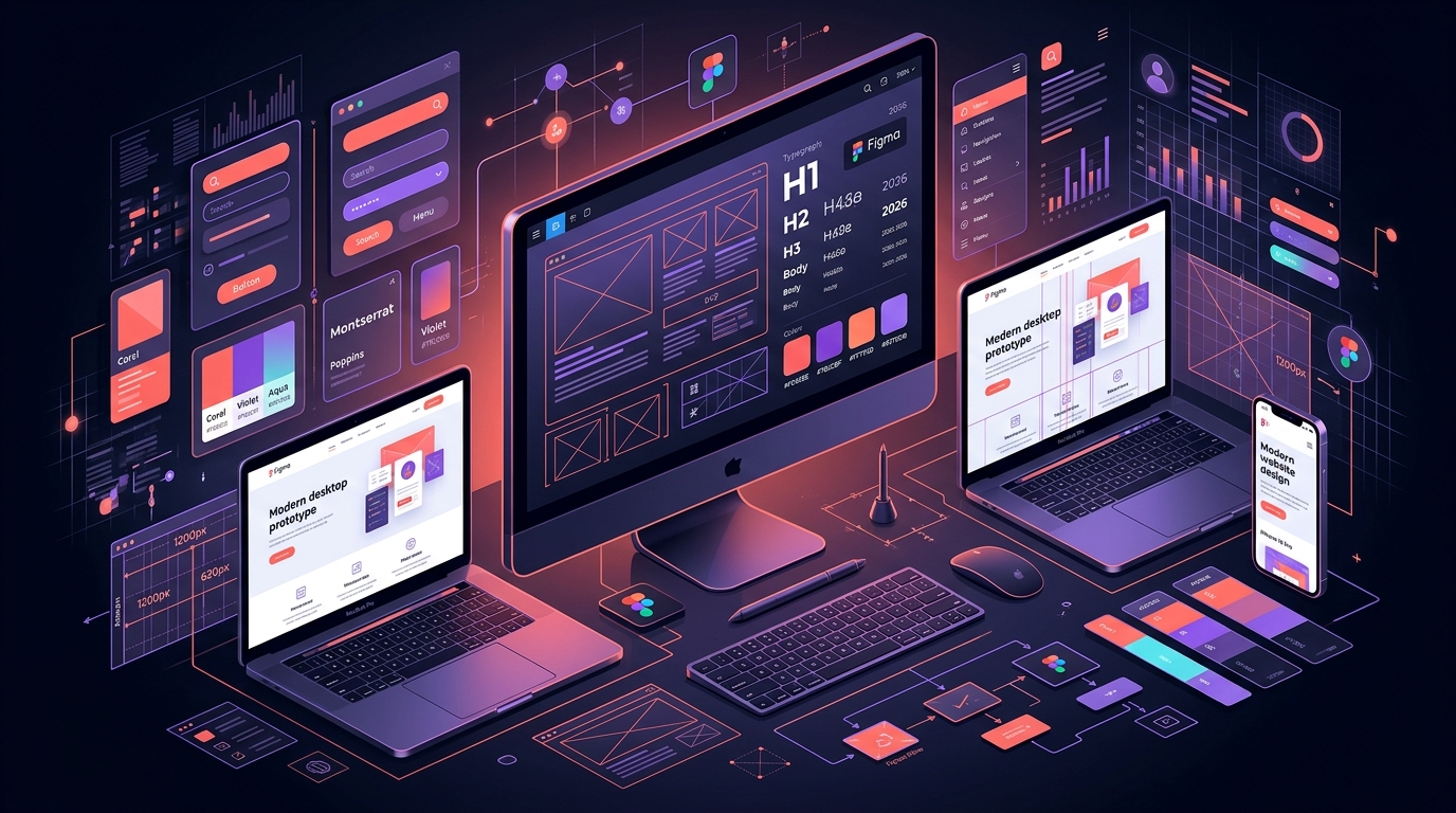 Website designer workspace showing a modern landing page on a monitor surrounded by colour wheels, typography and layout grid panels