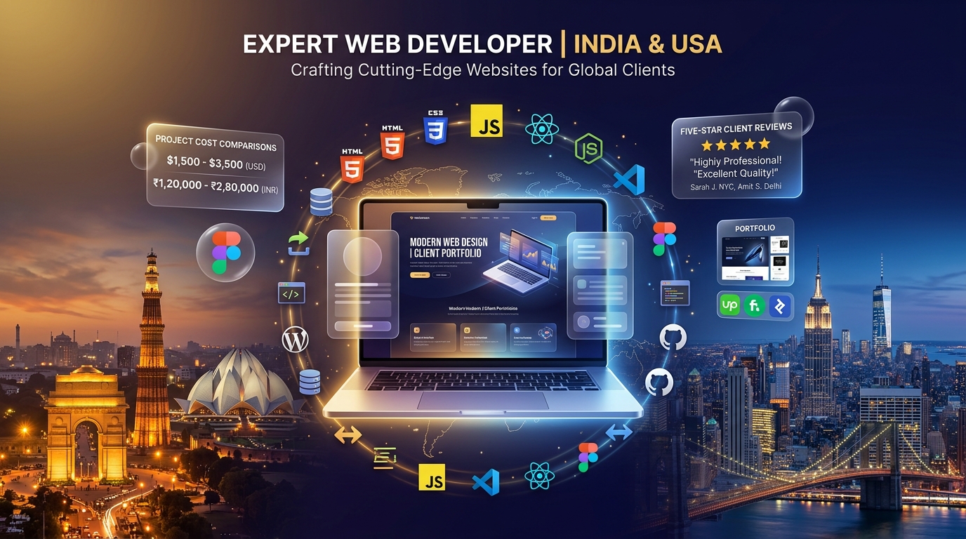 Website developer freelancer laptop showing modern website design with India and USA landmarks in background and floating web tech icons