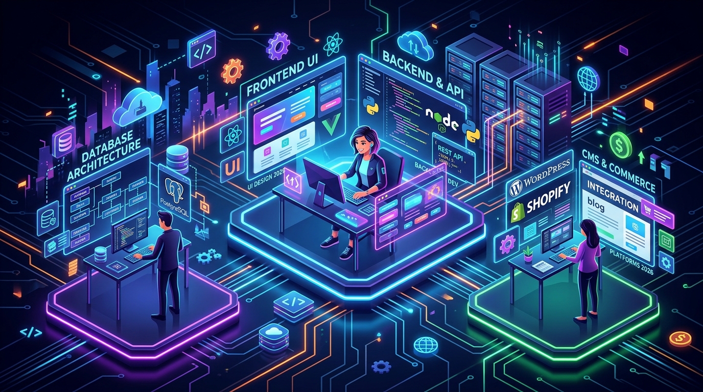 Website developer workspace with a code editor on one monitor and live website preview on another connected by flowing data streams
