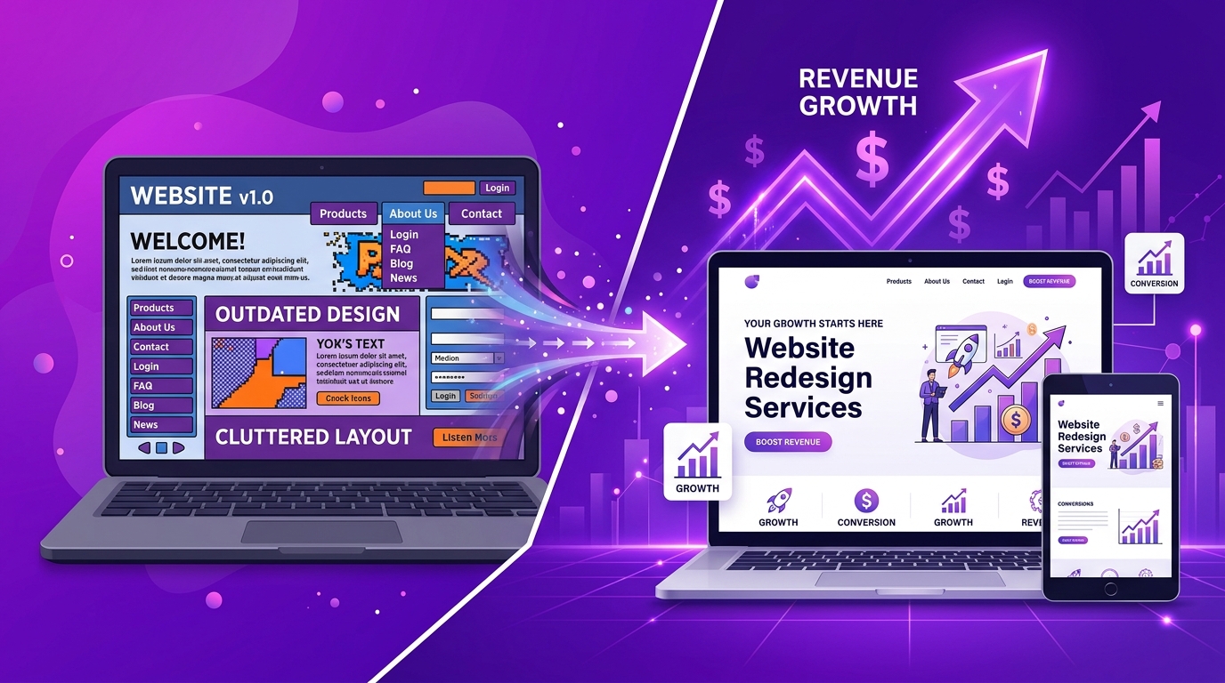 Website redesign services showing 7-phase process, risk mitigation, and investment tiers