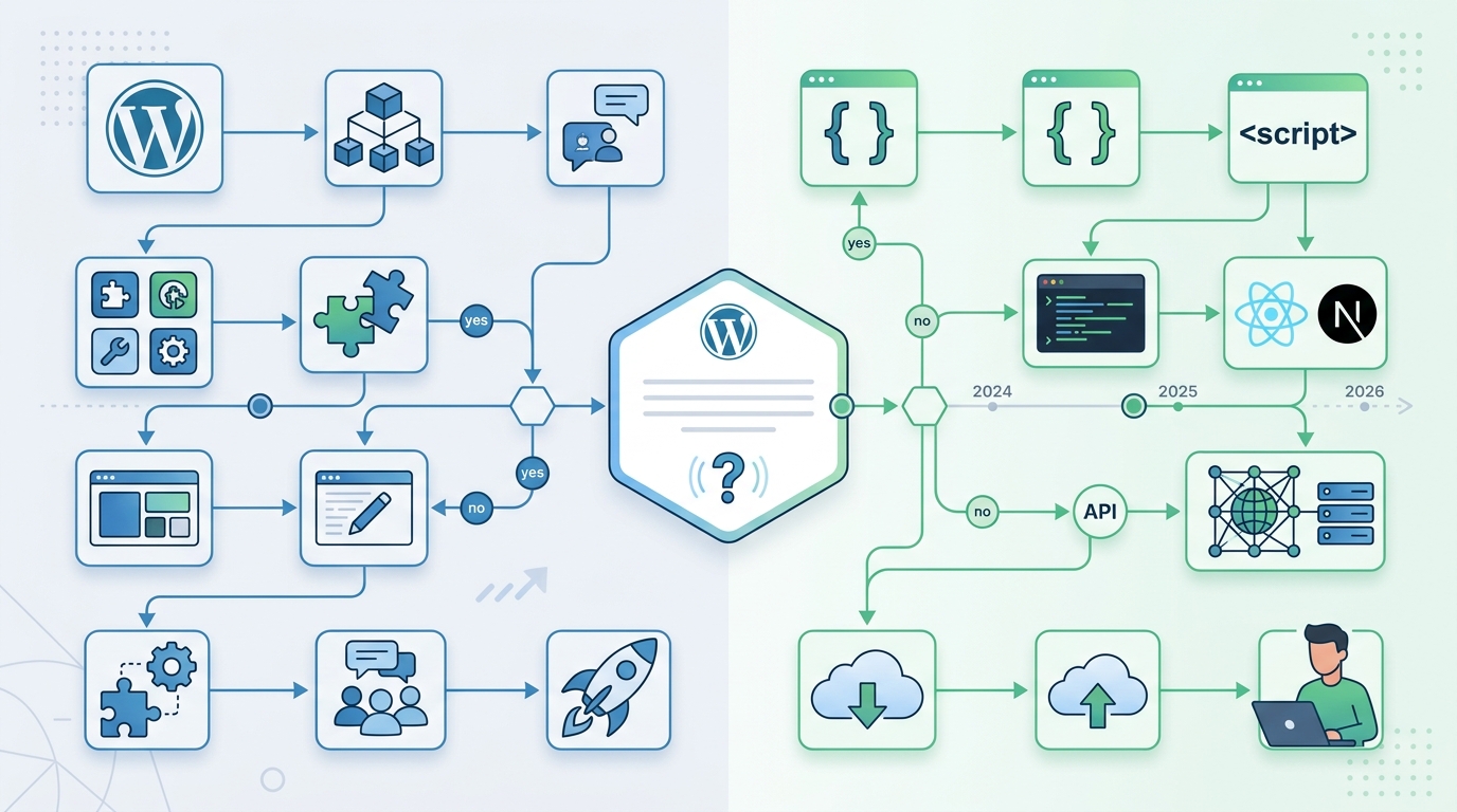 WordPress vs Custom Development decision matrix comparing features, costs, and use cases for 2026